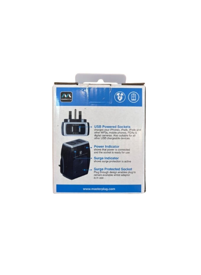 MASTERPLUG - Masterplug Single Socket Surge Adaptor with USB Power - Image 1