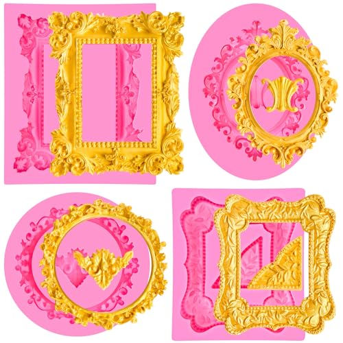 JOERSH 4PCS Baroque Frame Mold, Picture Photo Frames and Corners Silicone Fondant Mold for Cake Decorating, Cupcake Topper, Chocolate, Candy, Sugarcraft, Dessert Decor - Image 1