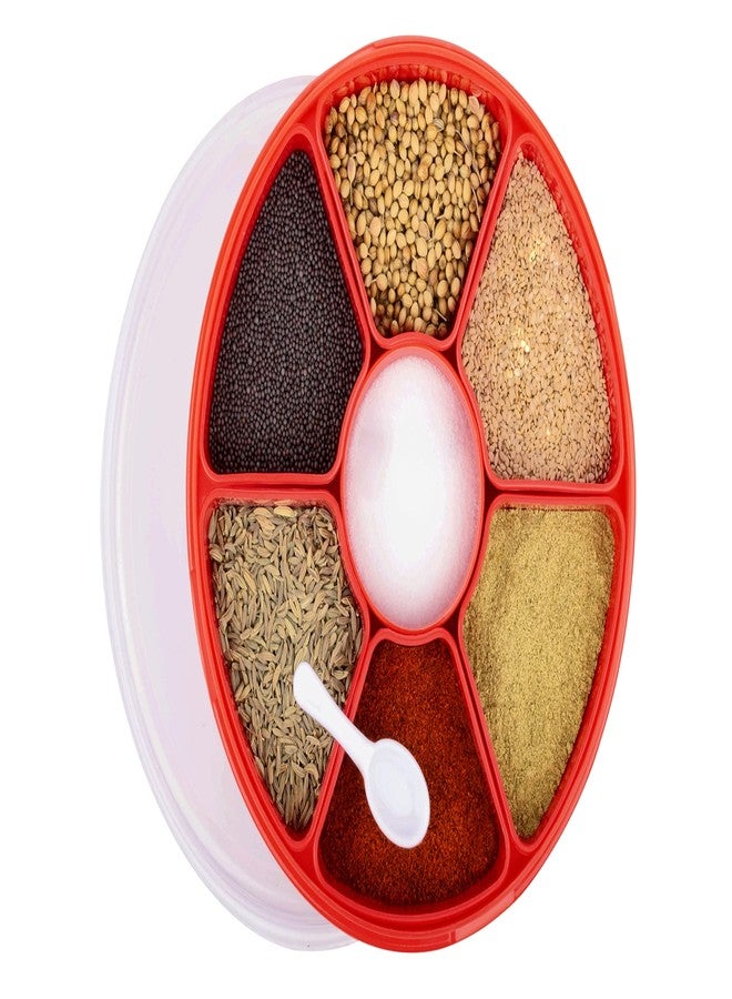 HAPPI Plastic Masala Box for Kitchen, Spice Boxes for Kitchen, Transparent Rangoli/Spice/Masala Dabba Storage Container 7 Compartments with 1 Spoon (Red) - Image 3