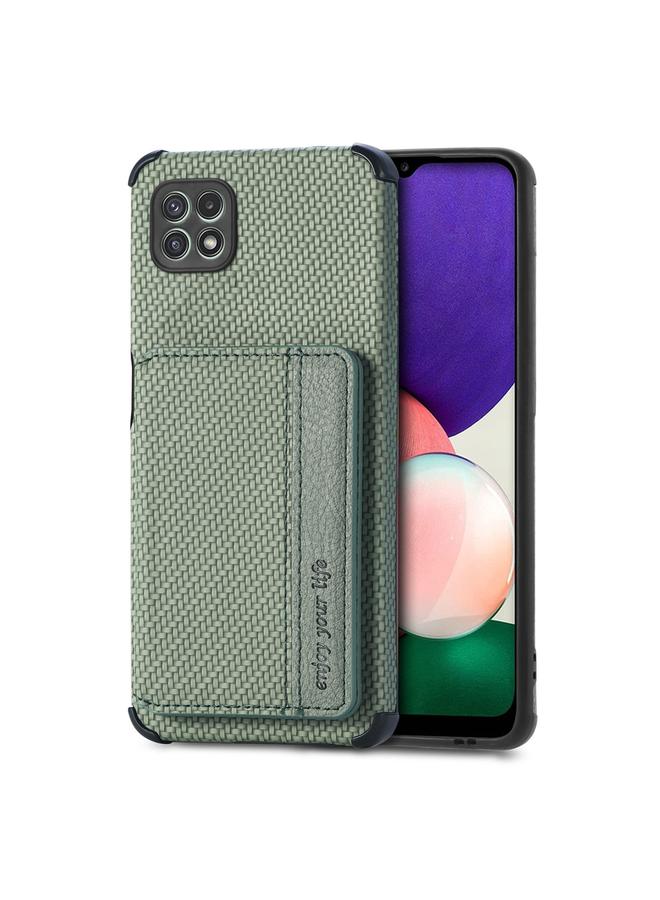 The Bros Case For Samsung Galaxy A22 5G Carbon Fiber Magnetic Card Bag TPU+PU Shockproof Back Cover Case with Holder & Card Slot & Photo Frame 