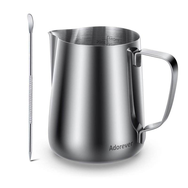 Adorever Milk Frothing Pitcher Thicker Version 600ml 20oz Steaming Pitchers Stainless Steel Milk Coffee Cappuccino Latte Art Barista Steam Pitchers Milk Jug Cup with Decorating Pen 