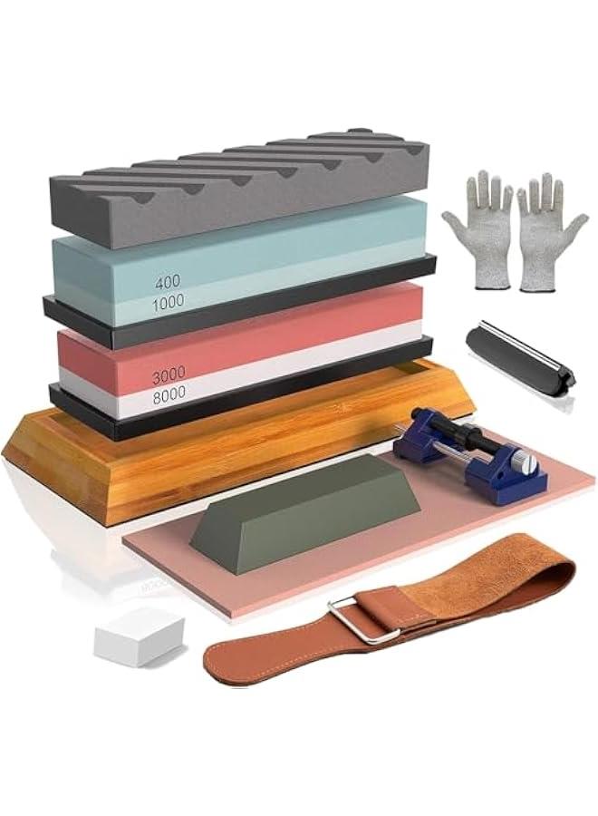 HOOKOR Knife Sharpening Stone, Whetstone Includes 4 Side Grit 400/1000 3000/8000, Non-Slip Bamboo Base, Angle Guide, Polishing Compound, Leather Strop, Flattening Whetstone,Professional Kit - Image 1