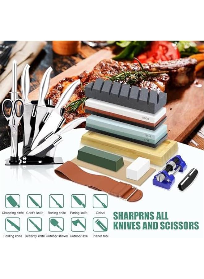HOOKOR Knife Sharpening Stone, Whetstone Includes 4 Side Grit 400/1000 3000/8000, Non-Slip Bamboo Base, Angle Guide, Polishing Compound, Leather Strop, Flattening Whetstone,Professional Kit - Image 2