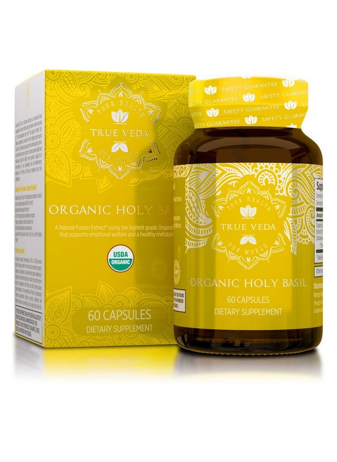 True Veda - Holy Basil Capsules Usda Organic Vitamin B6 Capsules ; High Strength Vitamin B6 And 2.5% Ursolic Acid ; Tulsi Holy Basil Leaf Capsules ; Holy Basil Extract 15:1 ; Herbal Supplement ; 60 Vegan Pills - Image 1