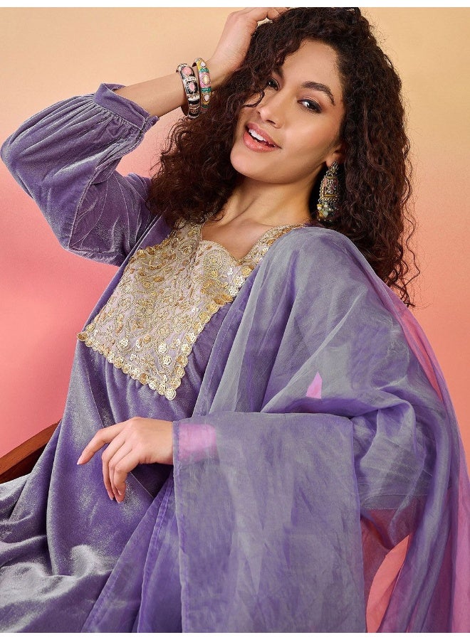 AKS Purple Velvet Pathani Kurta Set With Organza Dupatta - Image 1