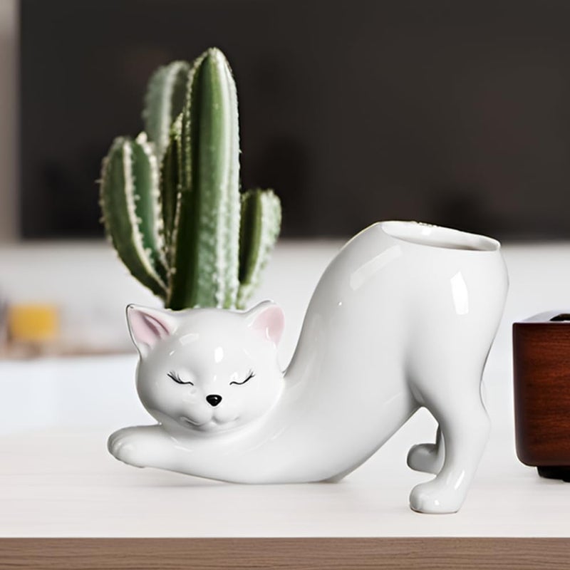Picvelno Unique Tailless Cat Little Planter Pot, Cute Kitty Succulent Indoor Flower Pot, Animal Home Decor Plant Pot Holder, Novelty Ceramic Bonsai Flowerpot Ideal Gifts, Lovely Office Desk Room Home Decor - Image 2