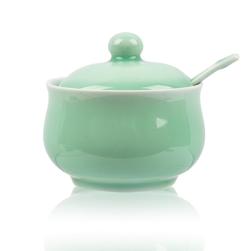 Tingyework Porcelain Salt Cellar with Lid and Spoon, 4.4 oz Salt Container Sugar Bowl for Spice & Seasonings, Elegant Kitchen Counter Decor, Chinese Celadon (Light Green) - Image 1