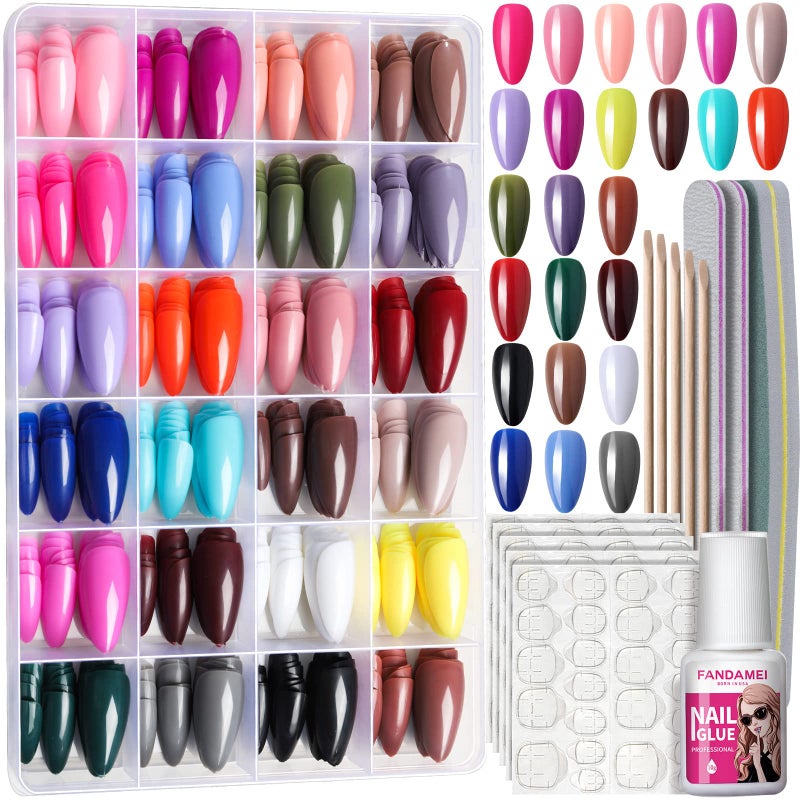 FANDAMEI Press on Nails 24 Colors 576PCS Press on Nails Almond Medium Acrylic Fake Nails Full Cover Natural Press on Nails Glossy False Nails with Nail Glue