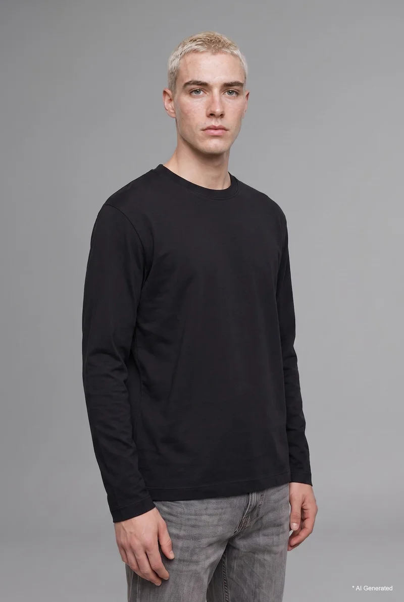 Boxy Fit Basic Cotton Crew Neck Long Sleeve T-Shirt