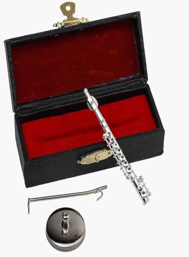 Dselvgvu Miniature Flute with Stand and Case Brass Mini Musical Instrument Flute Replica Collectible Figurines Dollhouse Accessories Model Home Decoration Display Ornament (Silver, 3") - Image 1