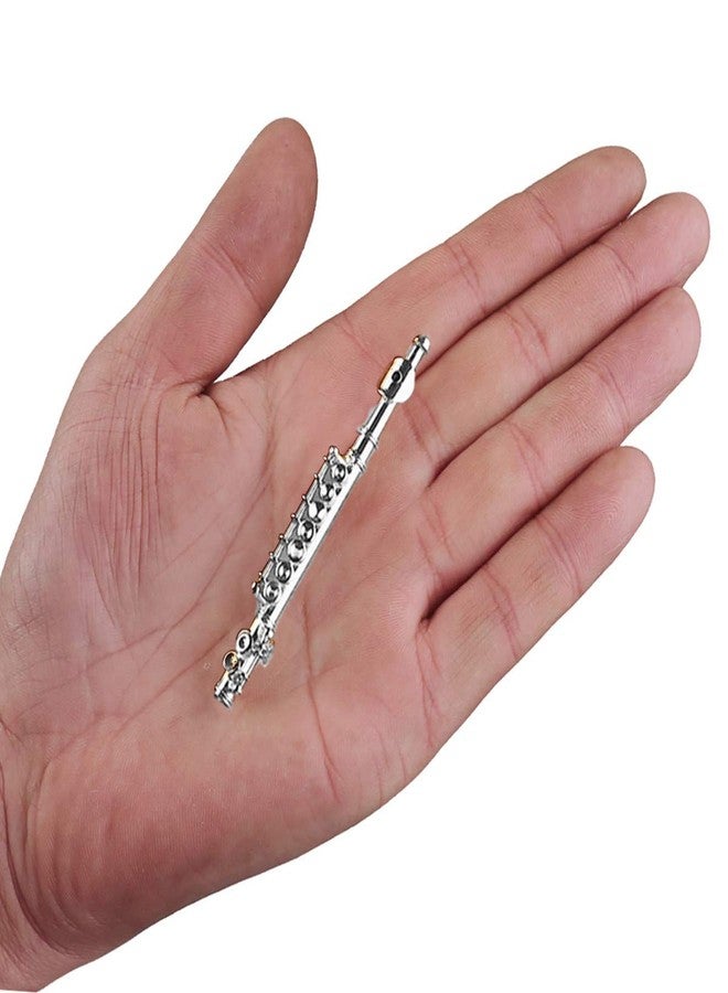 Dselvgvu Miniature Flute with Stand and Case Brass Mini Musical Instrument Flute Replica Collectible Figurines Dollhouse Accessories Model Home Decoration Display Ornament (Silver, 3") - Image 2