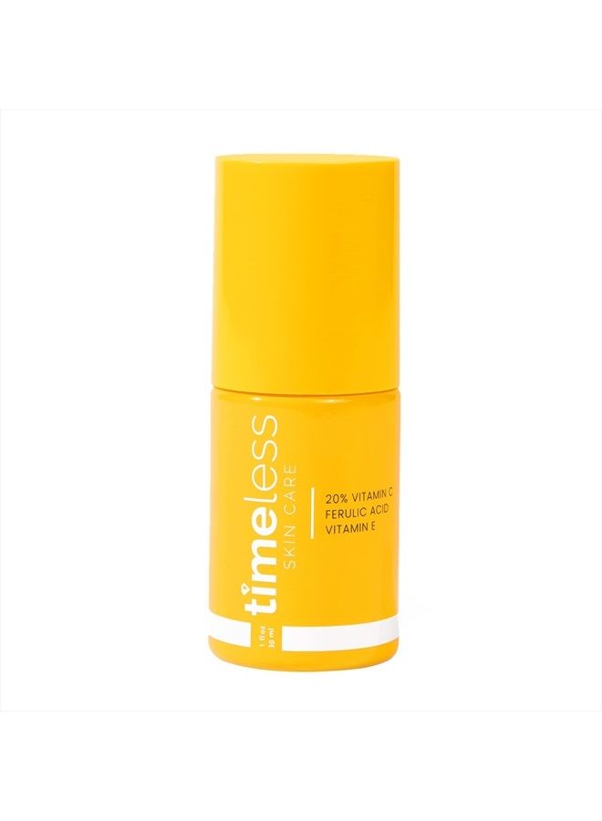 Timeless Skin Care سيروم فيتامين C + E بنسبة 20% وحمض الفيروليك - 1 أونصة - تركيبة خفيفة وغير دهنية - استخدمه يوميًا لتفتيح واستعادة وتصحيح البشرة - موصى به لجميع أنواع البشرة - Image 1