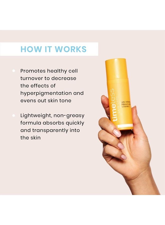 Timeless Skin Care سيروم فيتامين C + E بنسبة 20% وحمض الفيروليك - 1 أونصة - تركيبة خفيفة وغير دهنية - استخدمه يوميًا لتفتيح واستعادة وتصحيح البشرة - موصى به لجميع أنواع البشرة - Image 3