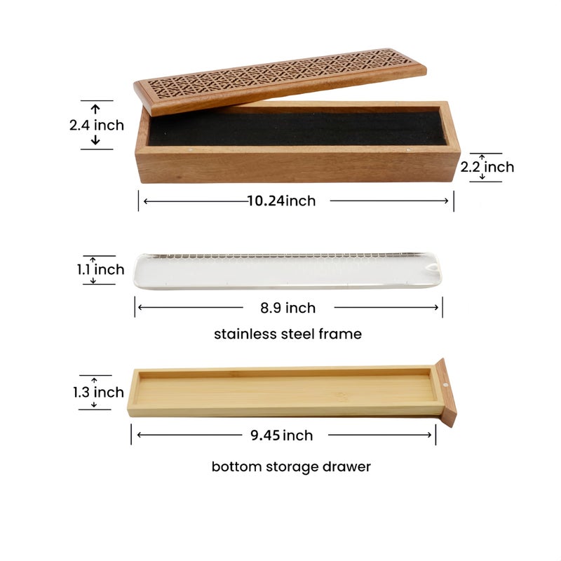 Moocervi Incense Holder Burner,Coffin Incense Storage Box Holder for Sticks, Wooden Incense-Stick Holder & Ash Catcher for Meditation/Yoga Room/Bedroom/studyroom/Office (Incense Holder with Storage) - Image 3