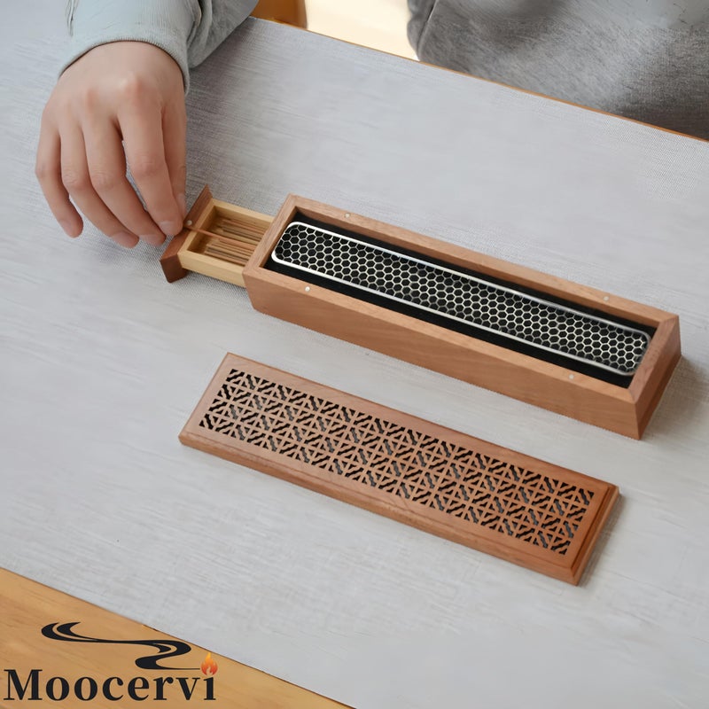 Moocervi Incense Holder Burner,Coffin Incense Storage Box Holder for Sticks, Wooden Incense-Stick Holder & Ash Catcher for Meditation/Yoga Room/Bedroom/studyroom/Office (Incense Holder with Storage) - Image 2