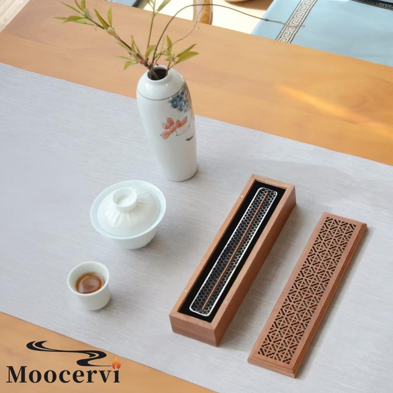 Moocervi Incense Holder Burner,Coffin Incense Storage Box Holder for Sticks, Wooden Incense-Stick Holder & Ash Catcher for Meditation/Yoga Room/Bedroom/studyroom/Office (Incense Holder with Storage) - Image 5