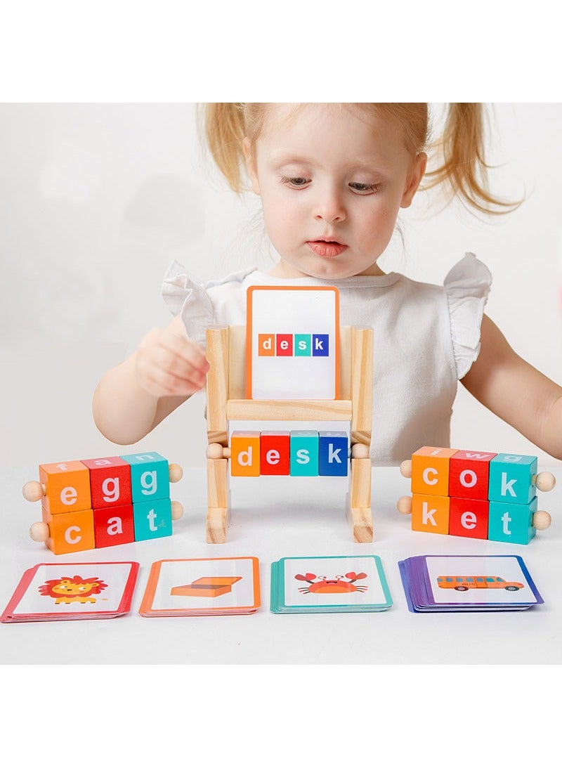 Educational rotating letters English spelling word building blocks kindergarten early education memory learning frame wooden toys  - Image 1