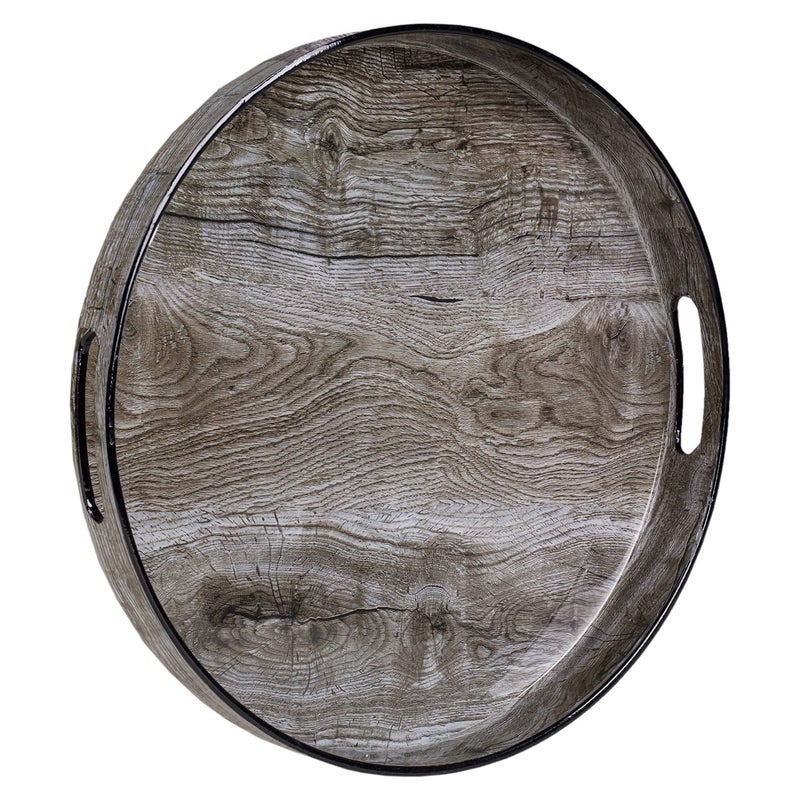 MAONAME 13 Round Decorative Tray Plastic Tray with Handles Coffee Table Trays Serving Trays for Ottoman Bathroom Kitchen Sticker Wood Grain