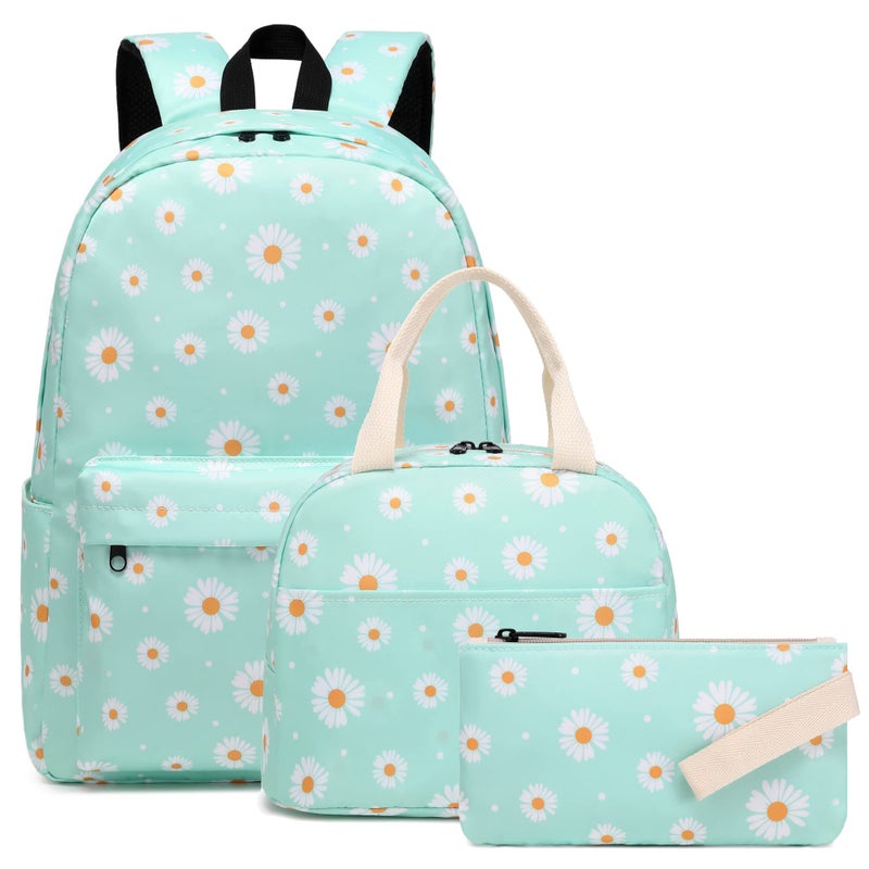 Kouxunt Daisy Girls School Backpacks for Kids Teens 3in1 School Bag Bookbags Set with Lunch Bag Pencil Case Green - Image 2