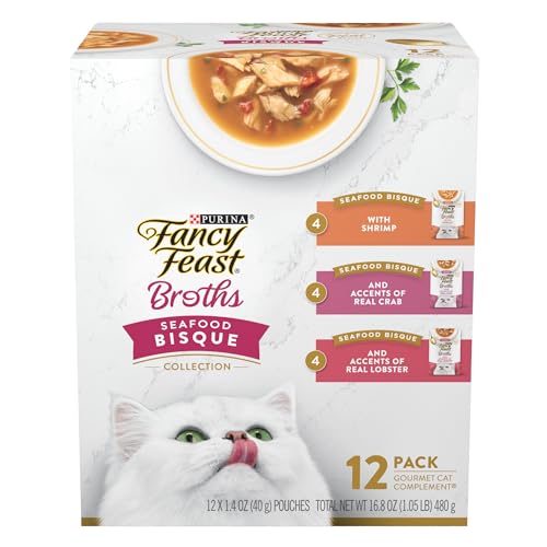 Fancy Feast Purina Fancy Feast Broths Seafood Bisque Complement Lickable Grain Free Wet Cat Food Variety Pack - (Pack of 12) 1.4 oz. Pouches - Image 1