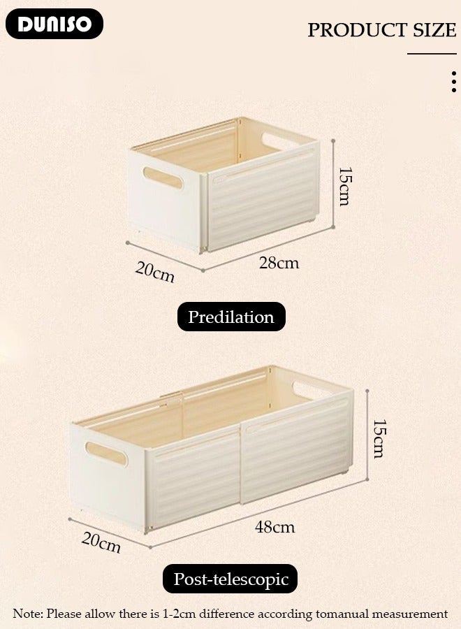 DUNISO 2PCS Retractable Storage Box, Foldable Multi Purpose Expandable Stackable Bins with Handles,Drawer Organizers for Closet Pantry Fridge, Sturdy Plastic Basket, Easy Assembled, for Kitchen, Refrigerator, Cabinets, Wardrobes, Bathroom, Office - Image 2