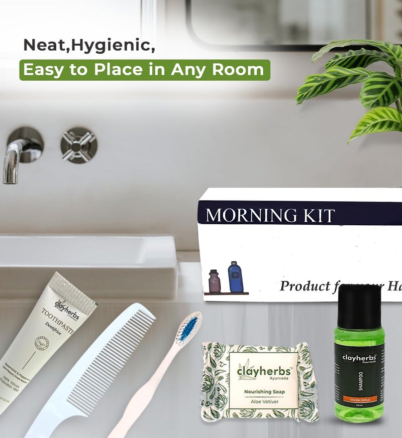 Clayherbs Pack-50kits Morning Kit In Card Box and Free Dental Floss With Each Kit | Hotel Accessories | Hotel Guest House Toiletries Kit | 20 Ml Shampoo, 15g Soap, Comb, 8g Toothpaste & A Brush | Pack Of 50 - Image 3