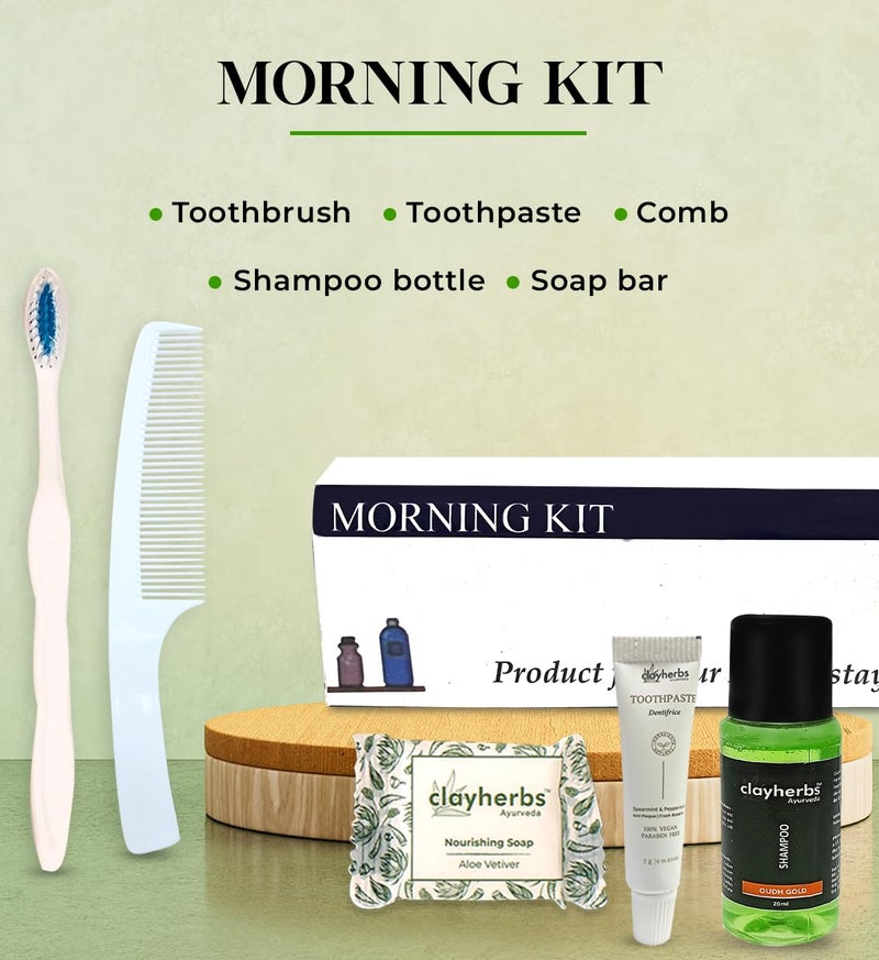 Clayherbs Pack-50kits Morning Kit In Card Box and Free Dental Floss With Each Kit | Hotel Accessories | Hotel Guest House Toiletries Kit | 20 Ml Shampoo, 15g Soap, Comb, 8g Toothpaste & A Brush | Pack Of 50 - Image 2
