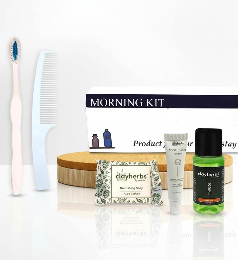 Clayherbs Pack-50kits Morning Kit In Card Box and Free Dental Floss With Each Kit | Hotel Accessories | Hotel Guest House Toiletries Kit | 20 Ml Shampoo, 15g Soap, Comb, 8g Toothpaste & A Brush | Pack Of 50 - Image 1