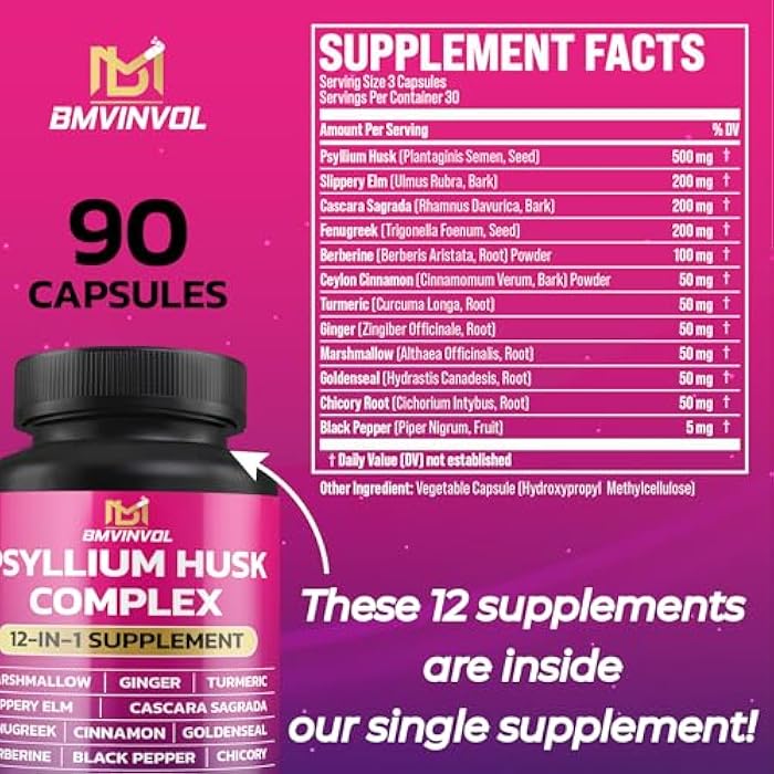 BMVINVOL Psyllium Husk, Slippery Elm, Cascara Sagrada, Fenugreek, Berberine, Cinnamon, Turmeric + 5 Mores - Immune Support & Digestive Health Supplement - 90 Capsules - Image 2