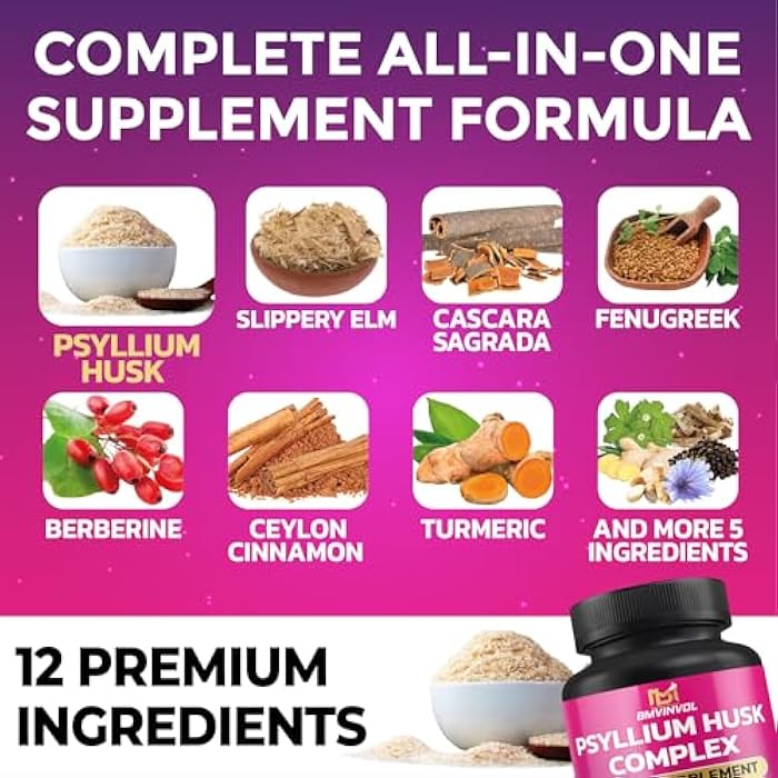 BMVINVOL Psyllium Husk, Slippery Elm, Cascara Sagrada, Fenugreek, Berberine, Cinnamon, Turmeric + 5 Mores - Immune Support & Digestive Health Supplement - 90 Capsules - Image 3
