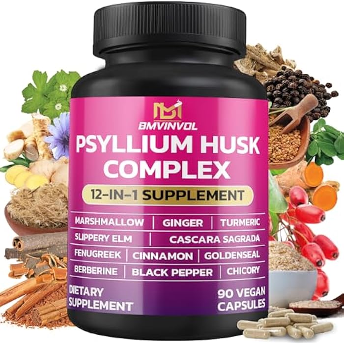 BMVINVOL Psyllium Husk, Slippery Elm, Cascara Sagrada, Fenugreek, Berberine, Cinnamon, Turmeric + 5 Mores - Immune Support & Digestive Health Supplement - 90 Capsules - Image 1