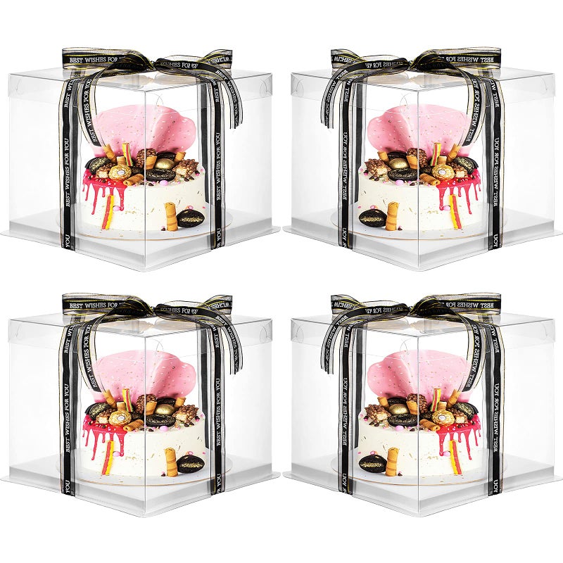 صندوق كعكة شفاف من جيتيك 4 قطع مع شريط 10 × 10 × 9 بوصة حاملة كعكة طويلة شفافة مع أغطية حزمة هدايا شفافة من PET لعيد الزواج عيد الميلاد الذكرى عرض الحلويات