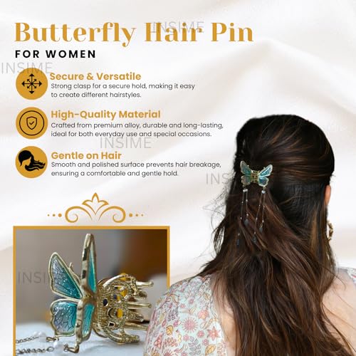 INSIME Butterfly Claw clips for Women - 3D Butterfly clutcher Hair Style Accessories - 5.5 inch Tassle Hair accessories for Women Stylish Wedding (1 Piece) - Image 2