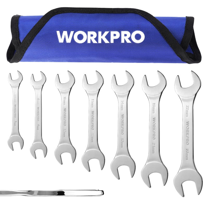 WORKPRO Metric Super-Thin Open End Wrench Roll-up Set, 7PCS, 5.5 to 23 mm, Ultra-Slim Thin Wrench Set with Organizer Pouch, for Thin Nuts, Narrow Spaces - Image 1