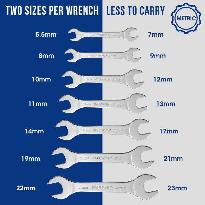 WORKPRO Metric Super-Thin Open End Wrench Roll-up Set, 7PCS, 5.5 to 23 mm, Ultra-Slim Thin Wrench Set with Organizer Pouch, for Thin Nuts, Narrow Spaces - Image 2