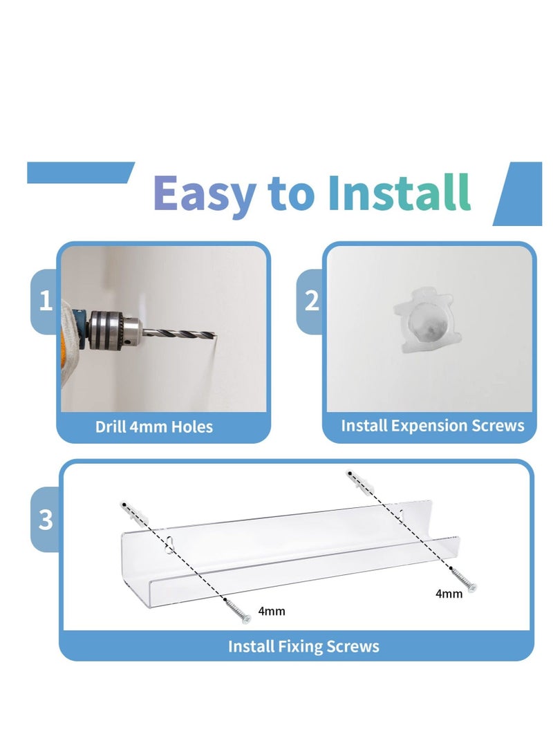 كابتن تيك 2 Pieces Acrylic Floating Shelves, 15inch Clear Acrylic Shelf, Invisible Wall Mount Bookshelf with Mounting Kit, Small Bathroom Shelves for Record, Book, Funko Pop Figure Display - Image 5