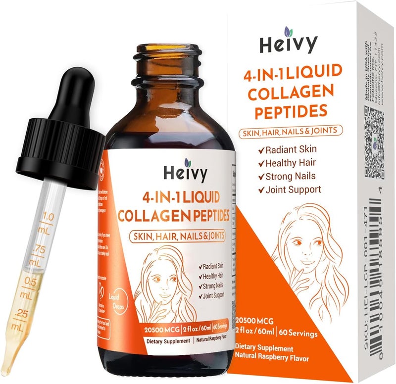 Heivy Liquid Collagen for Women Liquid Biotin  Collagen for Radiant Skin Hair Growth Strong Nails Joint Support 20500 mcg 4in1 Collagen Drops Advanced Absorption Raspberry Flavor 2 FL OZ - Image 1