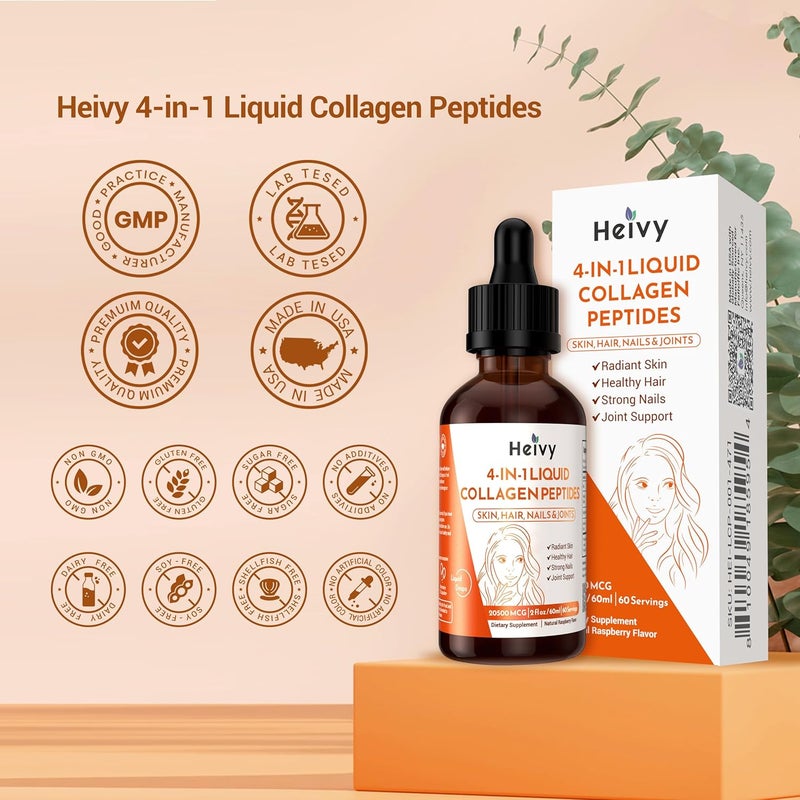 Heivy Liquid Collagen for Women Liquid Biotin  Collagen for Radiant Skin Hair Growth Strong Nails Joint Support 20500 mcg 4in1 Collagen Drops Advanced Absorption Raspberry Flavor 2 FL OZ - Image 5