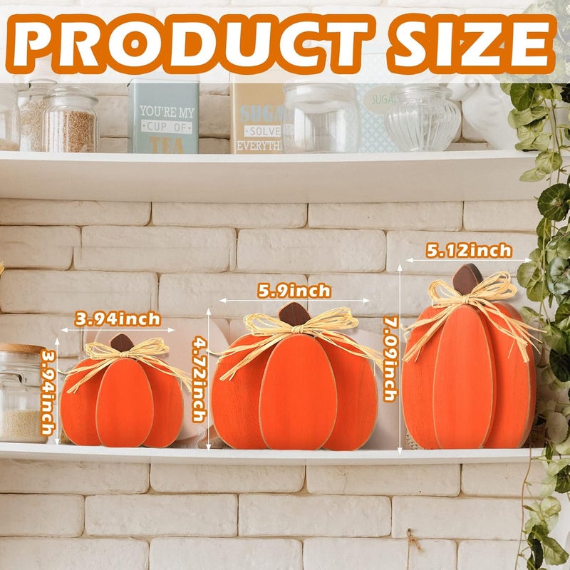 Ferraycle 3 Pcs Fall Pumpkin Decor Fall Wooden Signs 3D Pumpkin Tabletop Decor Farmhouse Sign Rustic Tiered Tray Decorations Block Centerpieces Standing Sign for Home Kitchen Harvest(Classic Color) - Image 2