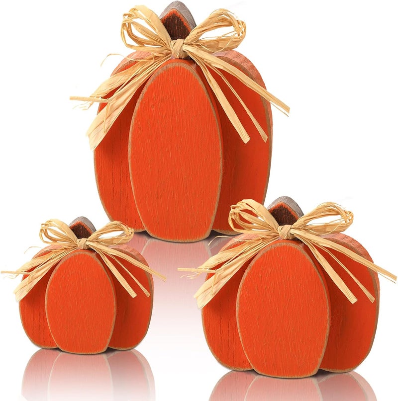 Ferraycle 3 Pcs Fall Pumpkin Decor Fall Wooden Signs 3D Pumpkin Tabletop Decor Farmhouse Sign Rustic Tiered Tray Decorations Block Centerpieces Standing Sign for Home Kitchen Harvest(Classic Color) - Image 1