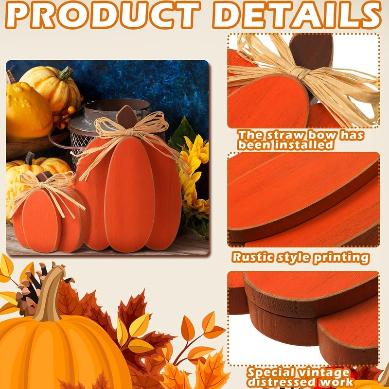 Ferraycle 3 Pcs Fall Pumpkin Decor Fall Wooden Signs 3D Pumpkin Tabletop Decor Farmhouse Sign Rustic Tiered Tray Decorations Block Centerpieces Standing Sign for Home Kitchen Harvest(Classic Color) - Image 3