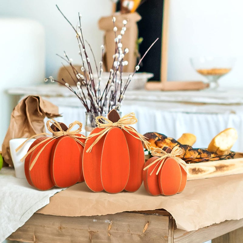 Ferraycle 3 Pcs Fall Pumpkin Decor Fall Wooden Signs 3D Pumpkin Tabletop Decor Farmhouse Sign Rustic Tiered Tray Decorations Block Centerpieces Standing Sign for Home Kitchen Harvest(Classic Color) - Image 5