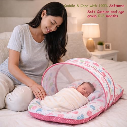 Infantbond Baby Mattress with net | Baby Carry Bag | 4 Pcs Bedding Set | Peach Sprial (0-6 Months)(Full Set) - Image 2