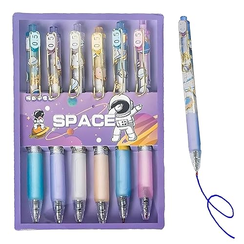MOROVIK Plastic Retractable Gel Pen Set For Boys & Girls, Colorful Body Space Design Smooth Pens for Writing Class Notes & Journal, School Stationery Gift Item for Kids, Blue Ink (Set of 6) - Image 1