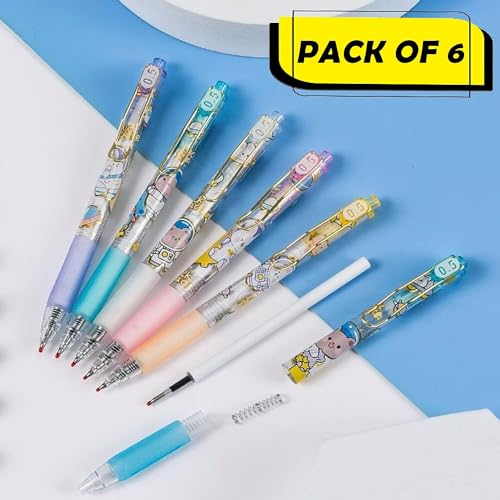 MOROVIK Plastic Retractable Gel Pen Set For Boys & Girls, Colorful Body Space Design Smooth Pens for Writing Class Notes & Journal, School Stationery Gift Item for Kids, Blue Ink (Set of 6) - Image 4