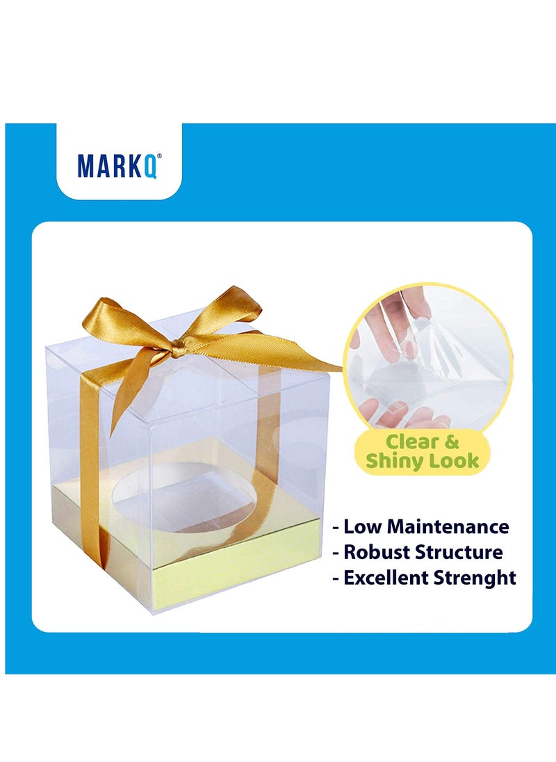 MARKQ - Clear Favor Boxes 10x10x10 cm, 12 pcs PVC Transparent Box for Gifts Macaron Cupcake Candy Cookies Ornament Gifts Wedding Party Baby Shower (Gold Base) - Image 1