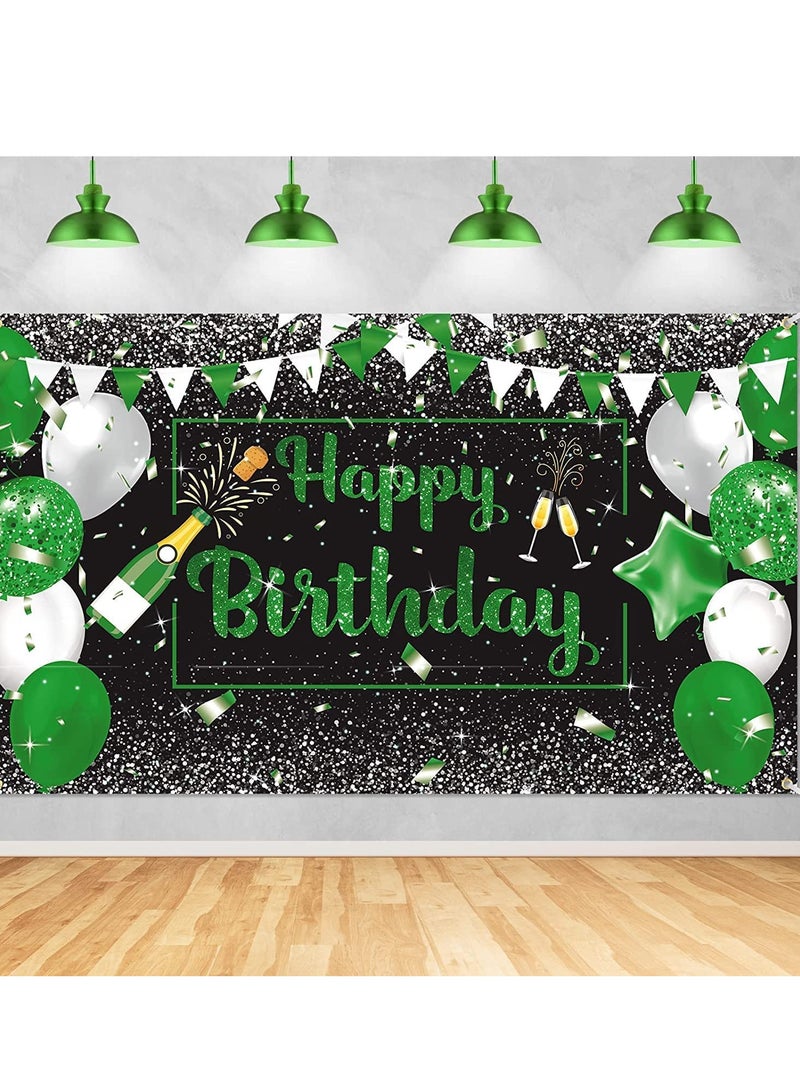 SOLARAE Birthday Banner Decorations Green Silver Black Happy Backdrop Champagne Glass Balloons Photo Booth Background for Man Women Party Decoration Supplies - Image 1