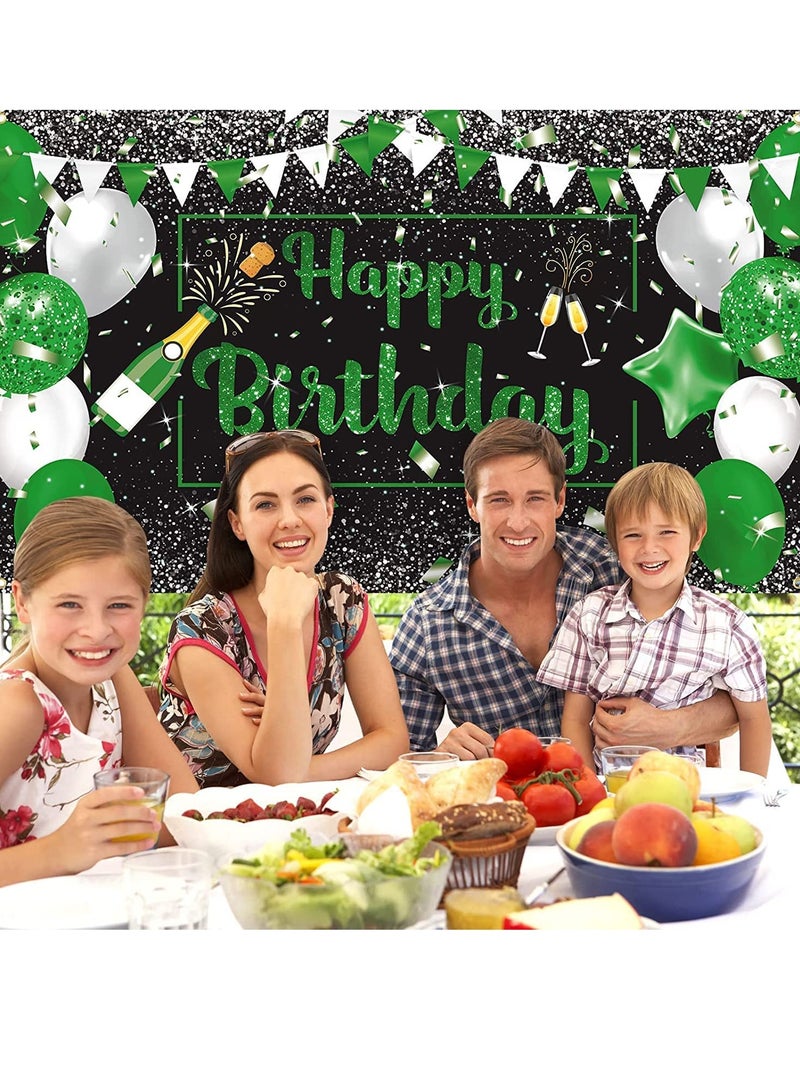 SOLARAE Birthday Banner Decorations Green Silver Black Happy Backdrop Champagne Glass Balloons Photo Booth Background for Man Women Party Decoration Supplies - Image 3
