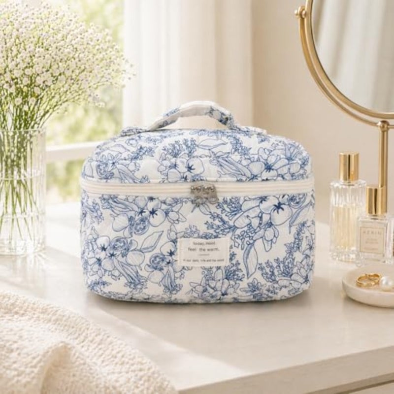 Quilted Makeup Bag Set of 3, Floral Cosmetic Organizer with Zipper, Soft Padded Toiletry Bags for Travel Daily Use - Image 4