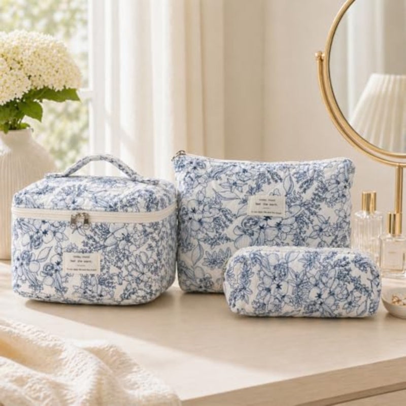 Quilted Makeup Bag Set of 3, Floral Cosmetic Organizer with Zipper, Soft Padded Toiletry Bags for Travel Daily Use - Image 2